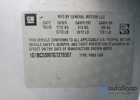 2016 Chevrolet Cruze Ls z USA, uszkodzony, nr VIN 1G1BC5SM7G7278367